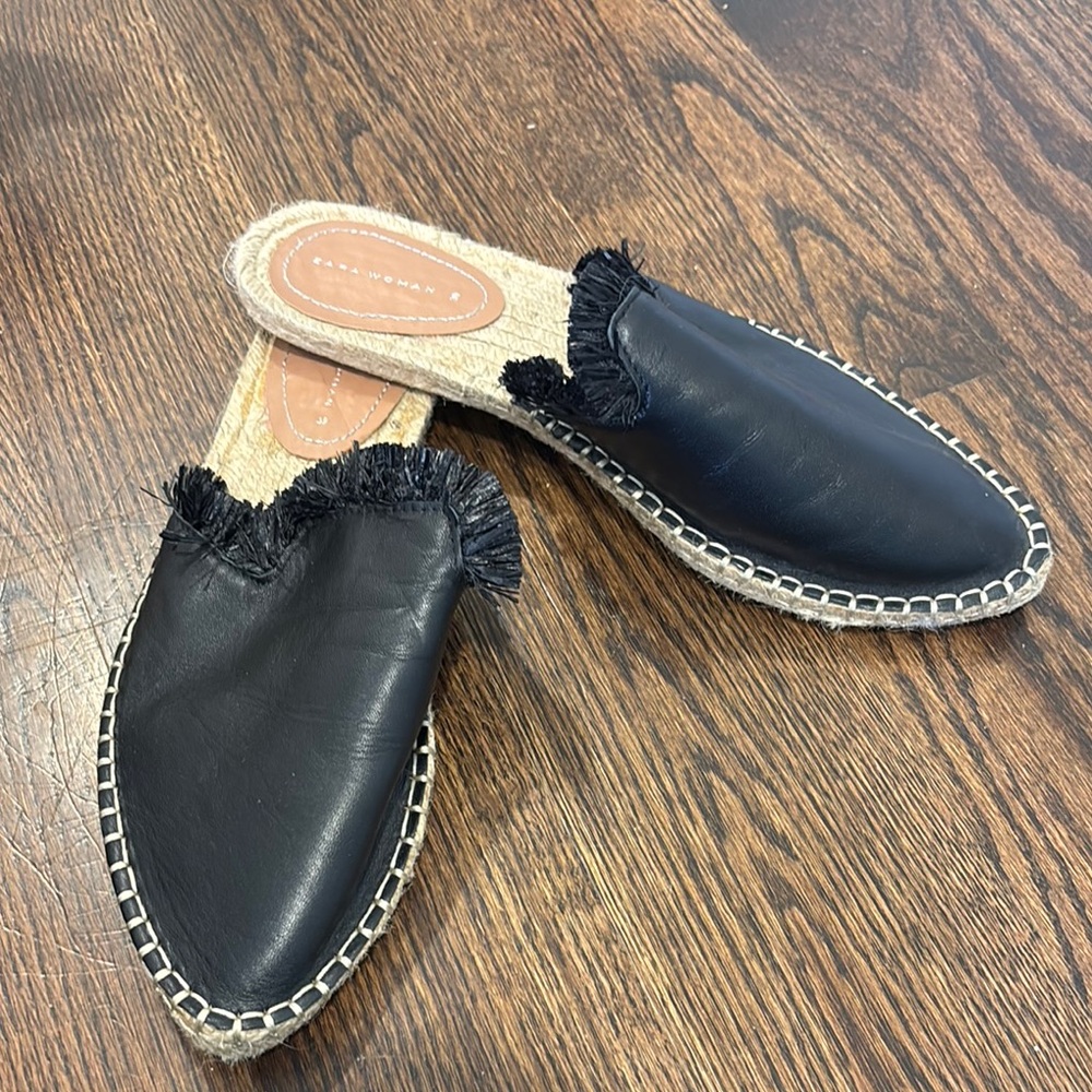 Black Leather Espadrille Slides